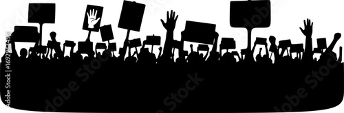 people, Protesters with Signs Silhouettes. Black Vector Illustrations of Demonstration Crowd on White Background