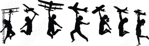 Silhouettes of children jumping, holding toy airplanes, playful kids, flying toys, childhood fun, imagination, outdoor play, happy children, active kids, silhouette toys