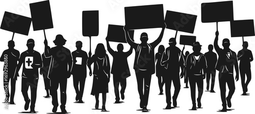 people, Protesters with Signs Silhouettes. Black Vector Illustrations of Demonstration Crowd on White Background