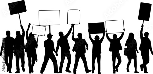 people, Protesters with Signs Silhouettes. Black Vector Illustrations of Demonstration Crowd on White Background