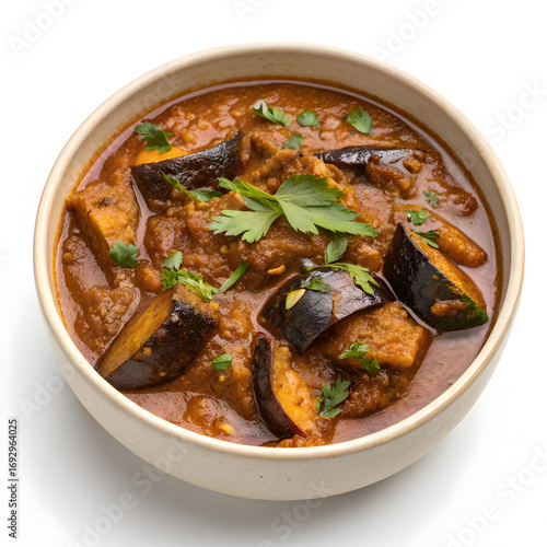 Brinjal curry served in a bowl, a flavorful Indian dish made with spices, eggplant,