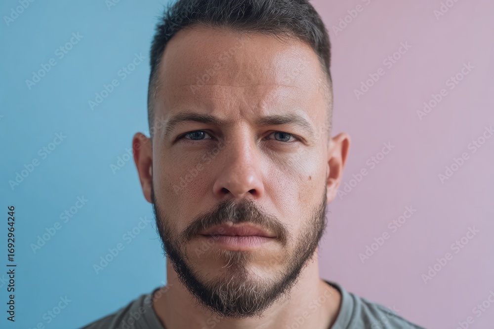 Fototapeta premium Close-up portrait of a man with a serious expression, against a backdrop of contrasting pastel colors, highlighting a thoughtful and intense gaze.