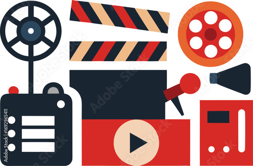 Film festival icons collection vector clapperboard reel microphone play button eps