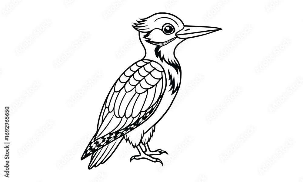 Fototapeta premium Woodpecker Kids t shirt design silhouette and vector line art, Detailed High-Quality Line Art, Suitable for Adult Coloring Books, Stress Relief, Relaxation, and Printable Art Therapy Projects.