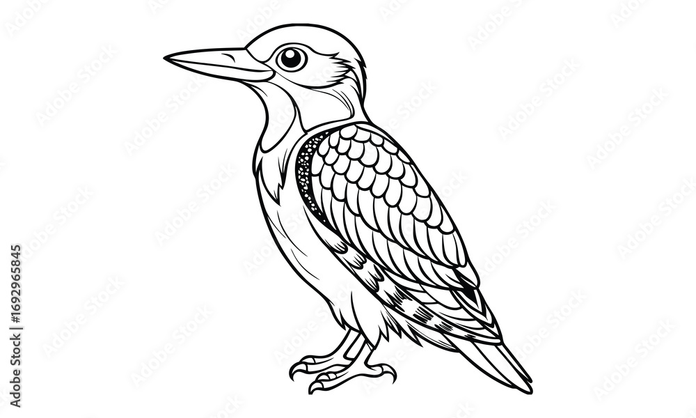 Fototapeta premium Woodpecker Kids t shirt design silhouette and vector line art, Detailed High-Quality Line Art, Suitable for Adult Coloring Books, Stress Relief, Relaxation, and Printable Art Therapy Projects.