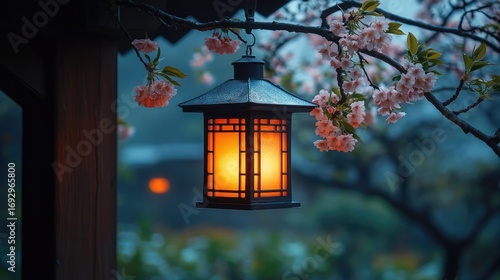 Illuminated Japanese Lantern Among Cherry Blossoms at Dusk