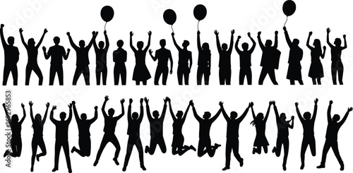 Silhouettes of people jumping, celebrating, holding balloons, in groups, expressing joy, excitement, fun, happiness, success, freedom, team spirit