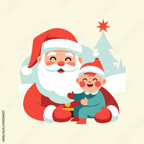 Santa Claus with a Happy Child in Front of a Winter Christmas Tree.