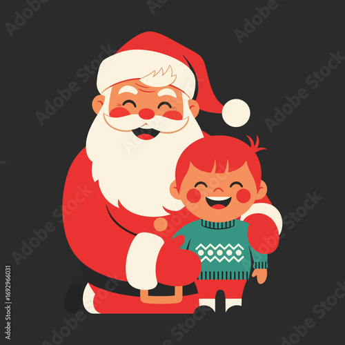 Happy Santa Claus Hugging a Cheerful Child in an Ugly Christmas Sweater.