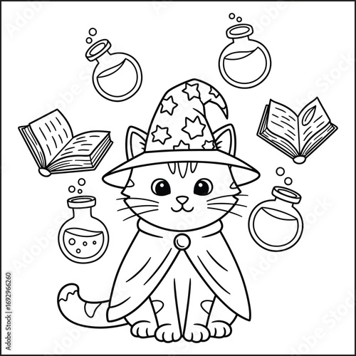 Whimsical Witchy Kitten with Spell Books and Potions - Enchanting Line Art for Fantasy and Halloween Themes