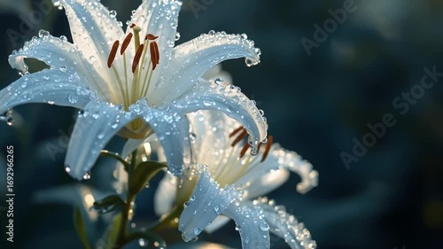 Morning dew drops sparkling on fresh white lilies in slow motion.