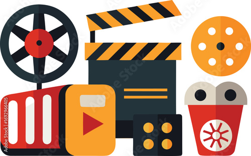 Film festival icons collection clapperboard camera reel play button vector illustration