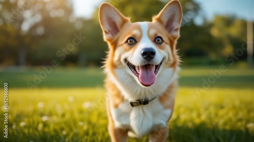 Happy Pembroke Welsh Corgi dog outdoors in a sunny field, looking directly at the camera with its mouth open in a joyful expression.