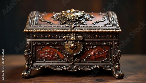 Elegant antique chest jewelry box, intricately carved wood, ornate details, vintage charm, perfect for storing precious jewels and keepsakes ,  handcrafted,  classic