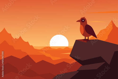 Bird sitting on rock at sunset landscape