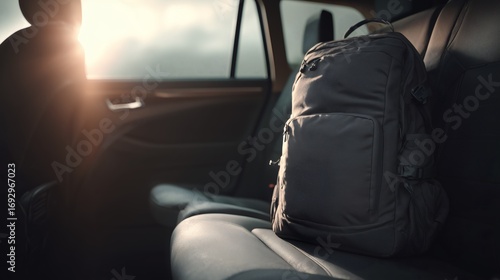 Black travel backpack on back seat of car with sunlight
