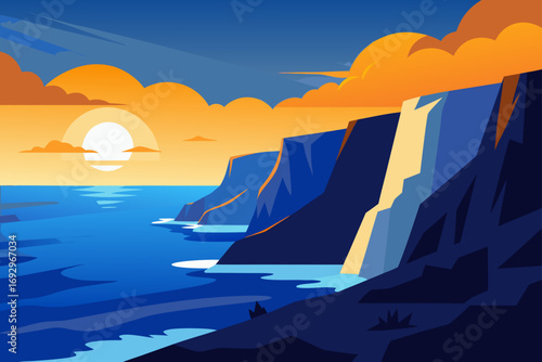 Sunset over the ocean and rocky cliffs