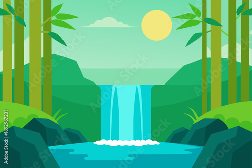 Waterfall in a bamboo forest landscape art