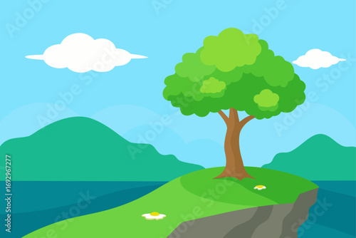 Cartoon tree on cliff with sky and clouds