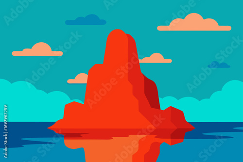Red mountain reflecting in blue water view