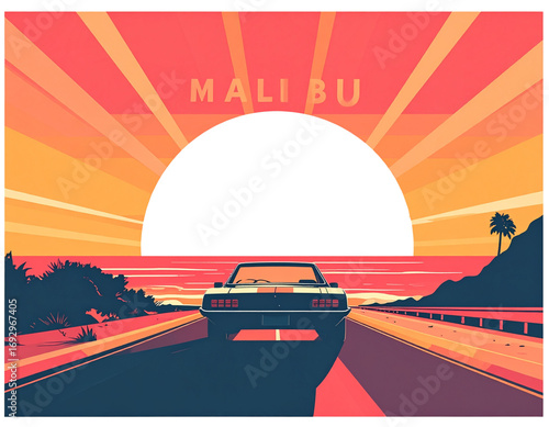 Minimalist Malibu Travel Poster with Classic Car Silhouette