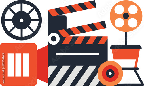 Film festival collection vector graphics clapperboard film reel icons for digital cinema projects