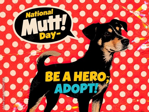 A small black and brown mutt stands against a polka dot background. The dog has a short coat, erect ears, and a playful expression. Text promotes National Mutt Day.