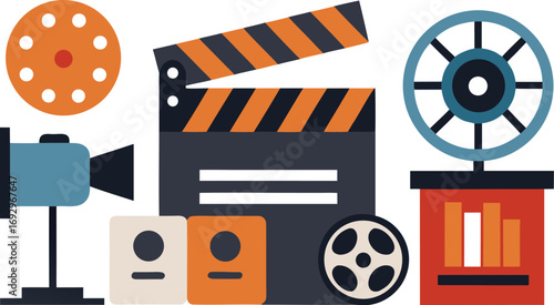 Film festival icons collection vector graphic film camera clapperboard reel and projector illustration eps