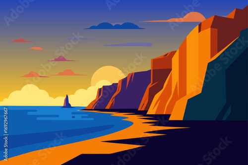 Coastal cliffs at sunset vector artwork