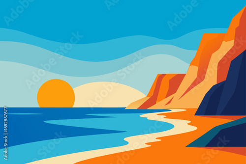 Sunset over the beach with rocky cliffs