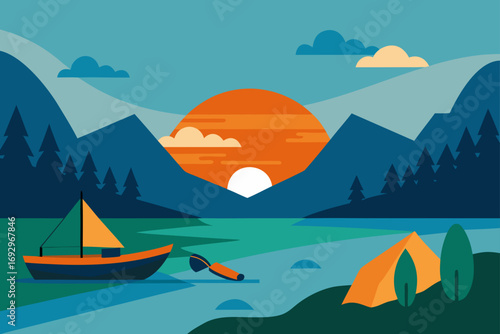 Landscape with boat tent and mountains view
