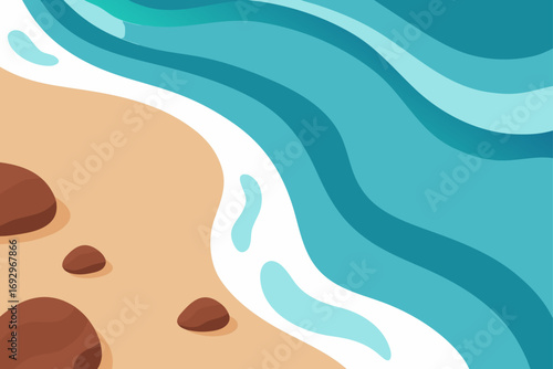 Illustration of a beach with wave and rocks