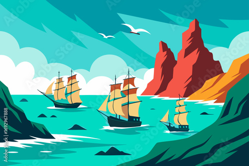 Sailing ships near cliffs and flying birds