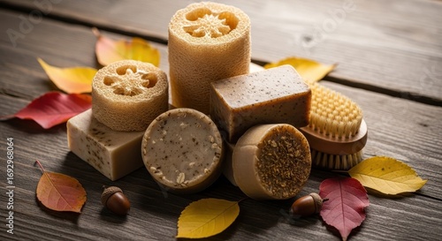 Natural Soap and Loofah with Autumn Leaves and Acorns