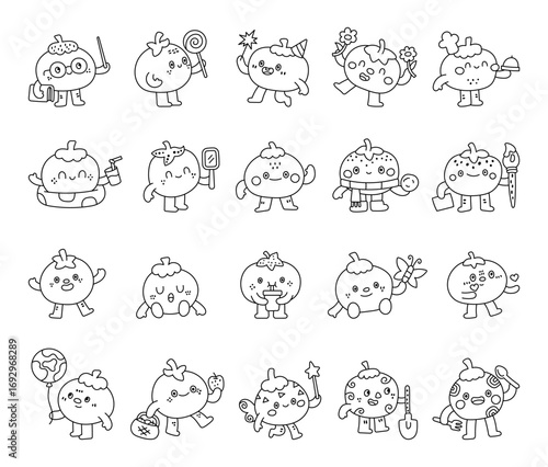 Tomato character set in outline line art showing many different emotions and funny poses with holiday, celebration, birthday, cooking, study, painting, gardening, fairy and valentine