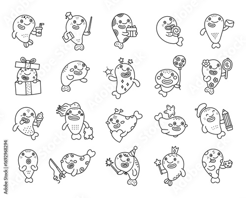 Blobfish character set in outline line art showing different emotions and poses with holiday, celebration, birthday, magic, teacher, study, fishing, fashion, dessert, beverage, valentine