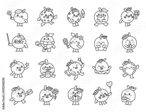 Orange character set in outline line art showing many different emotions and poses with food, dessert, holiday, valentine, studying, fairy, celebration, resting, swimming, birthday