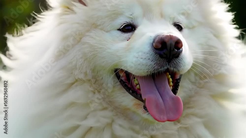 Close Up Portrait Of a Fluffy White Samoyed Dog with Tongue Out on a Green Background