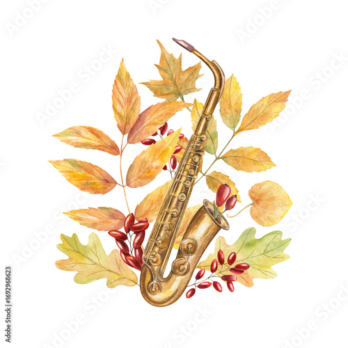 Watercolor brass saxophone among autumn golden leaves, barberry illustration on isolated background. Woodwind musical instrument, red berries, walnut, maple and oat leaf. Fall jazz festival design