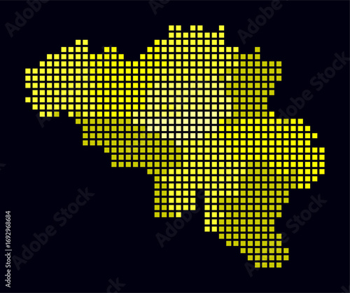 Belgium dotted map. Digital style map of the country on dark background. Belgium shape with square dots. Colored dots style. Large size squares. Simple vector illustration.