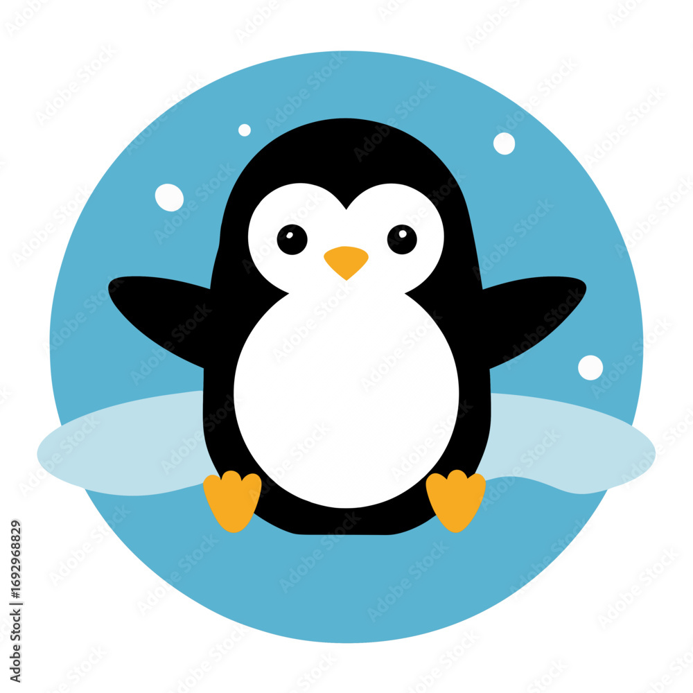 Fototapeta premium A cute cartoon penguin with orange feet and beak sits on an icy floe surrounded by a light blue circle with snowflakes