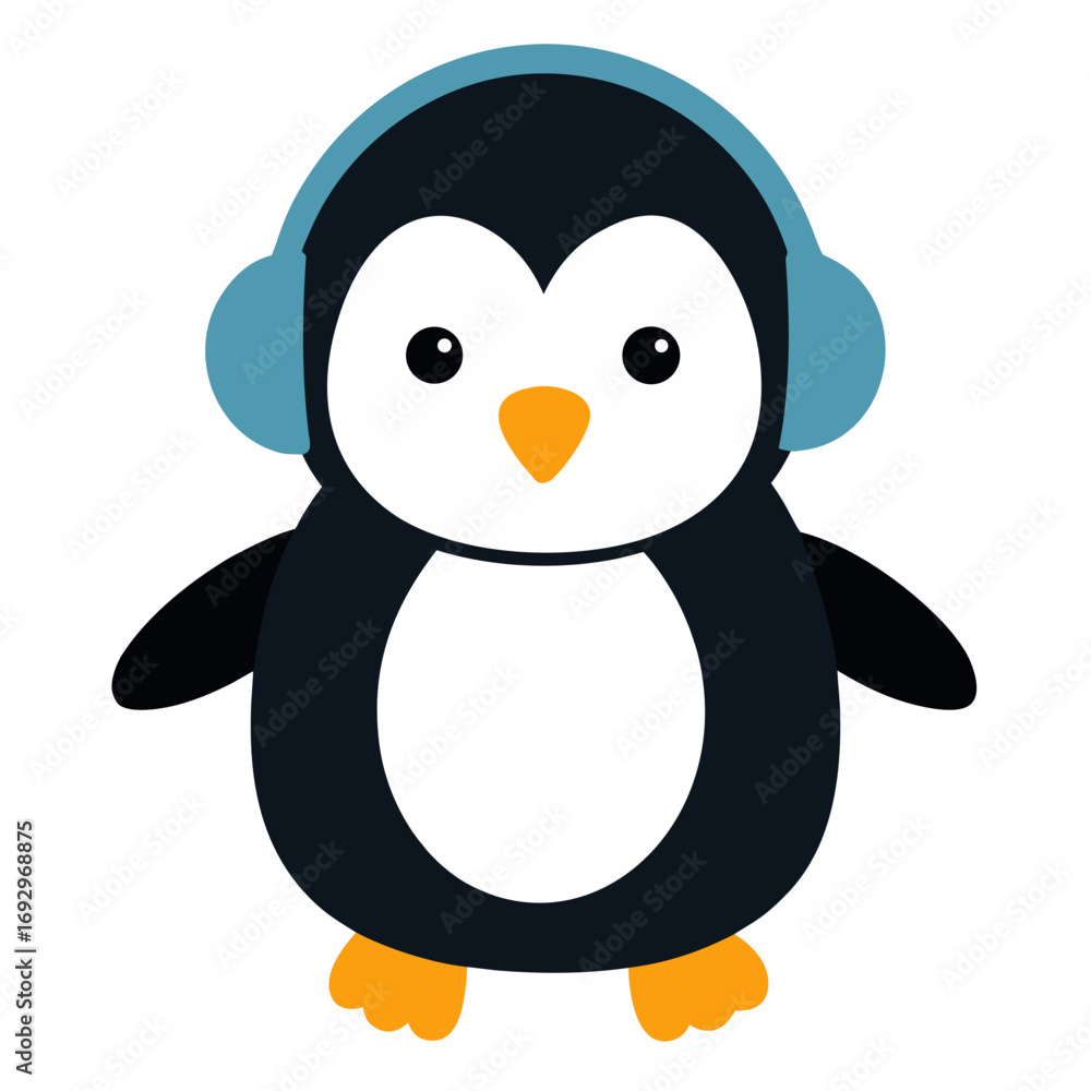 Fototapeta premium Adorable cartoon penguin wearing light blue headphones listening to music with a black background
