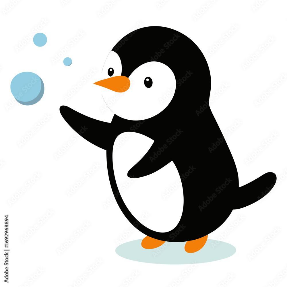 Obraz premium Adorable cartoon penguin with orange beak and feet blowing light blue bubbles on a black background