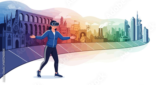 Woman experiences virtual reality tour through landmarks and urban landscapes using a vr headset