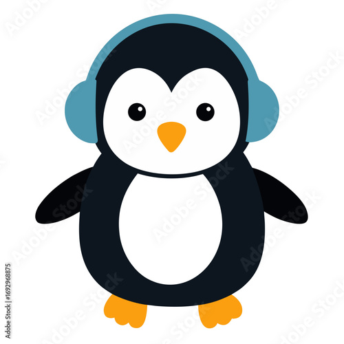Adorable cartoon penguin wearing light blue headphones listening to music with a black background
