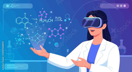Woman in VR headset interacting with holographic chemical structures in a lab environment