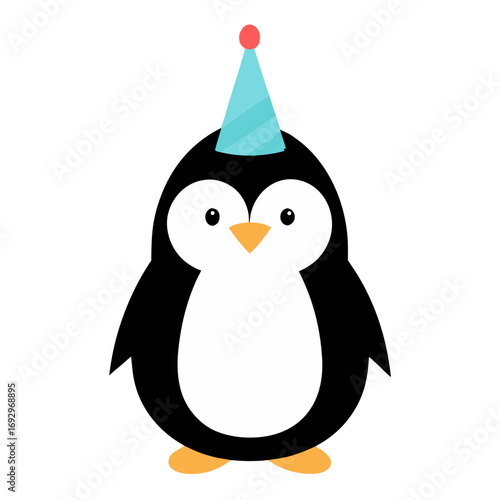 Adorable cartoon penguin wearing a blue birthday party hat with a red pompom on a black background