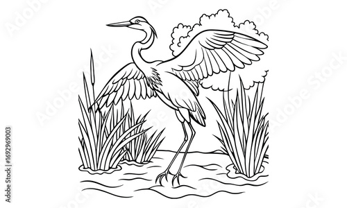 Heron Kids t shirt design silhouette and vector line art, High-Quality Illustration, Ideal for Relaxation and Stress Relief, Perfect for Adult Coloring Books and Printable Art Therapy.