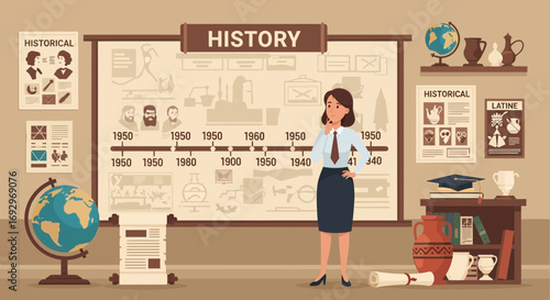A history teacher in front of a timeline, teaching about historical events in the classroom