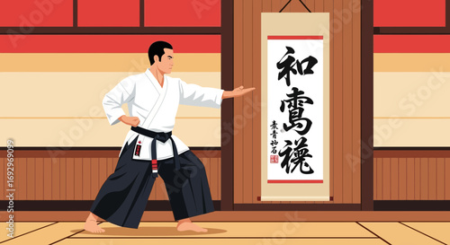 Aikido Martial Arts Training Illustration of a Man in Dojo with Japanese Calligraphy